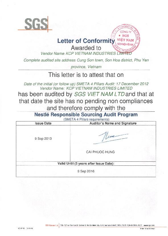 chứng nhận SEDEX/SMETA
